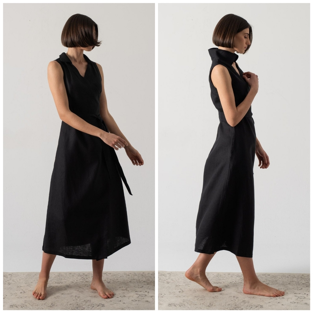 Sleeveless Black Asymmetrical Wrap Dress - Picture 5 of 13